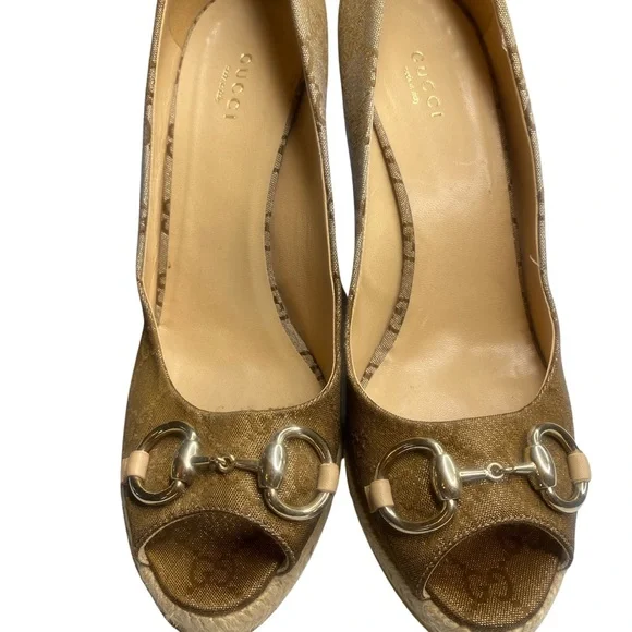 Gucci GG Canvas Charlotte Horsebit Wedge Espadrille Peep Toe Pumps  Size EU 39 - Picture 4 of 11